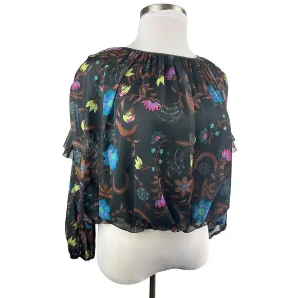 Free People Wildflower Honey Printed Blouse Black Multi Mesh Crop Top Small - Picture 13 of 15